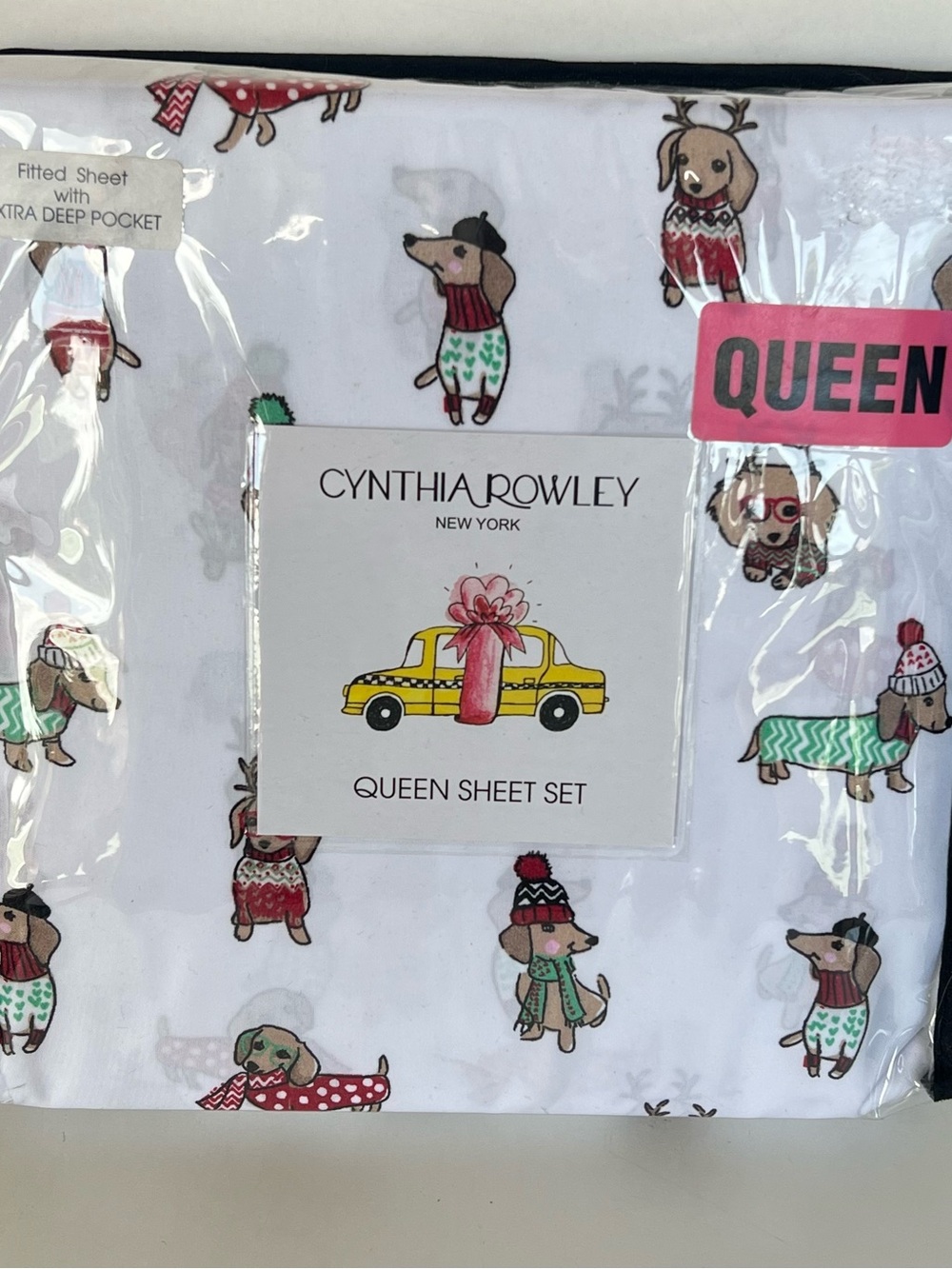 Cynthia Rowley Queen Sheet Set Christmas Dachshund Dogs Microfiber NIP